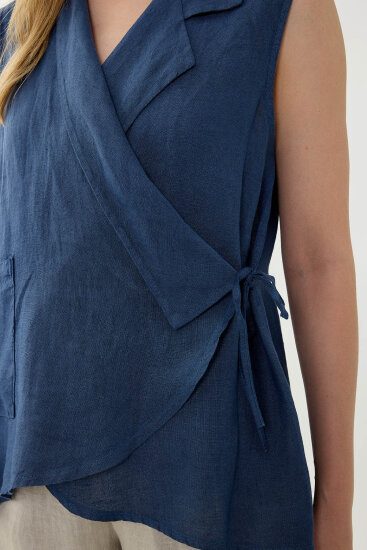 %100 Keten Kruvaze Yaka Bağlamalı Bluz - 23