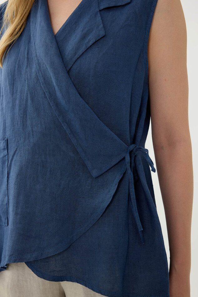 %100 Keten Kruvaze Yaka Bağlamalı Bluz - 23