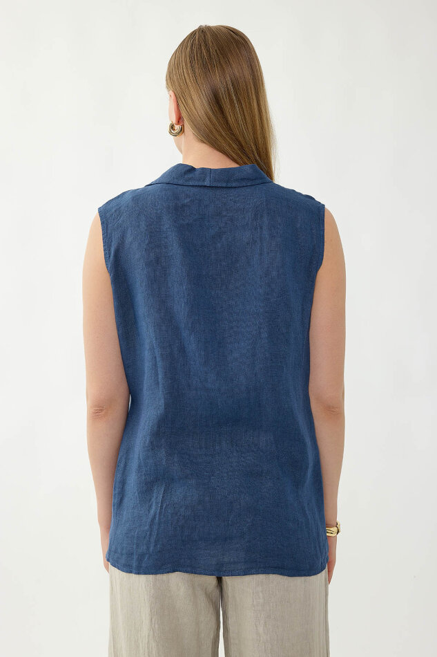 %100 Keten Kruvaze Yaka Bağlamalı Bluz - 22