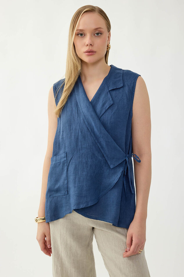 %100 Keten Kruvaze Yaka Bağlamalı Bluz - 24