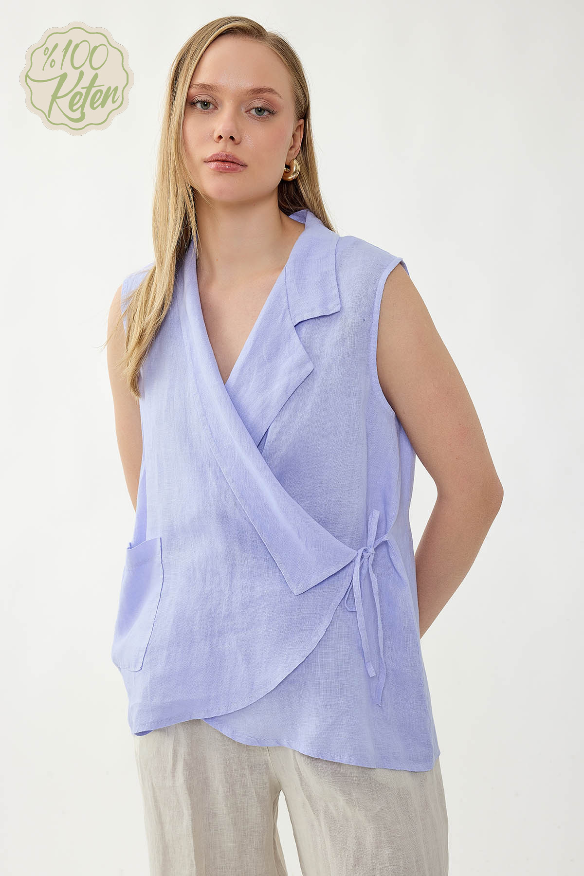 %100 Keten Kruvaze Yaka Bağlamalı Bluz - Thumbnail