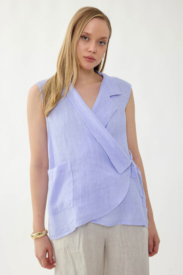 %100 Keten Kruvaze Yaka Bağlamalı Bluz - 26