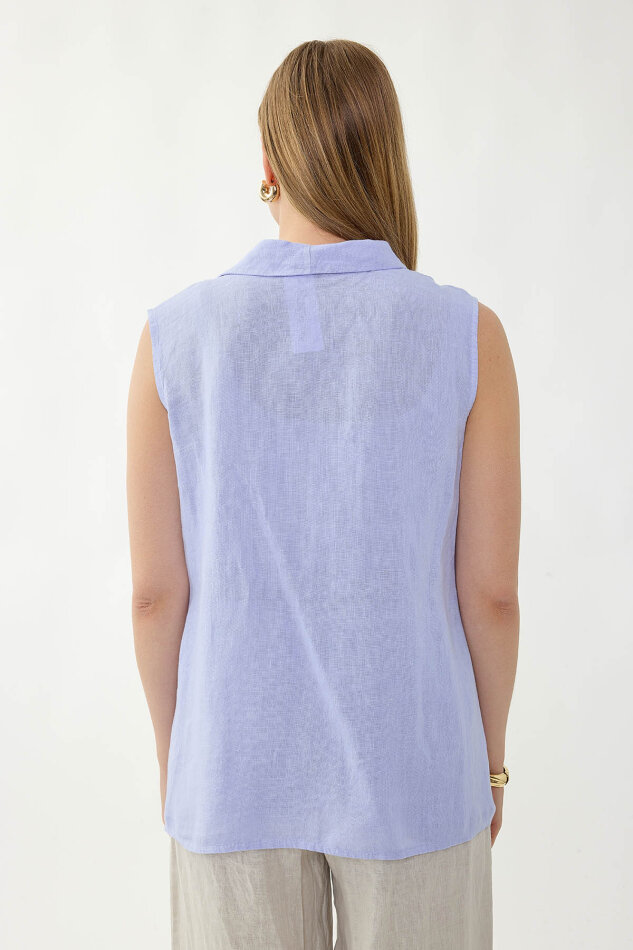 %100 Keten Kruvaze Yaka Bağlamalı Bluz - 29