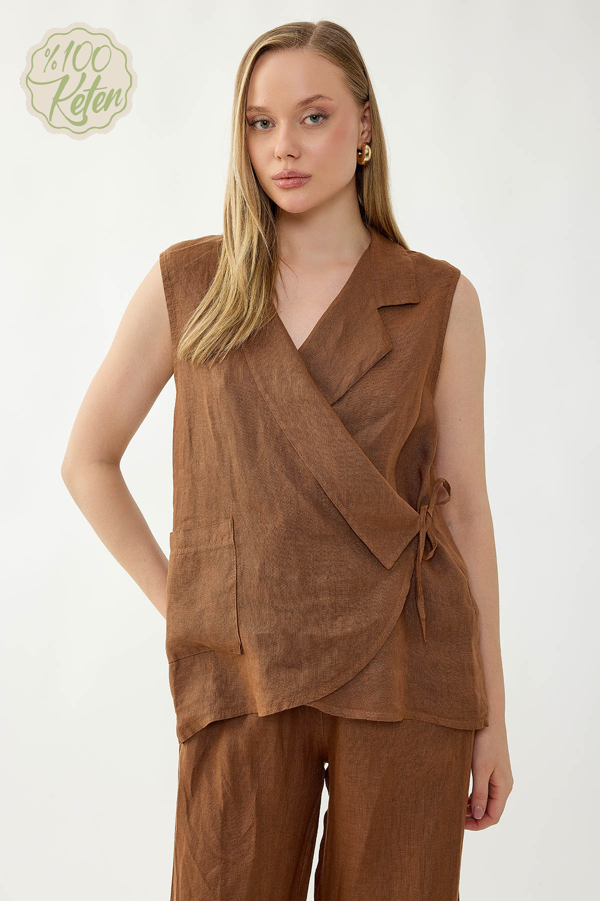 %100 Keten Kruvaze Yaka Bağlamalı Bluz - Thumbnail