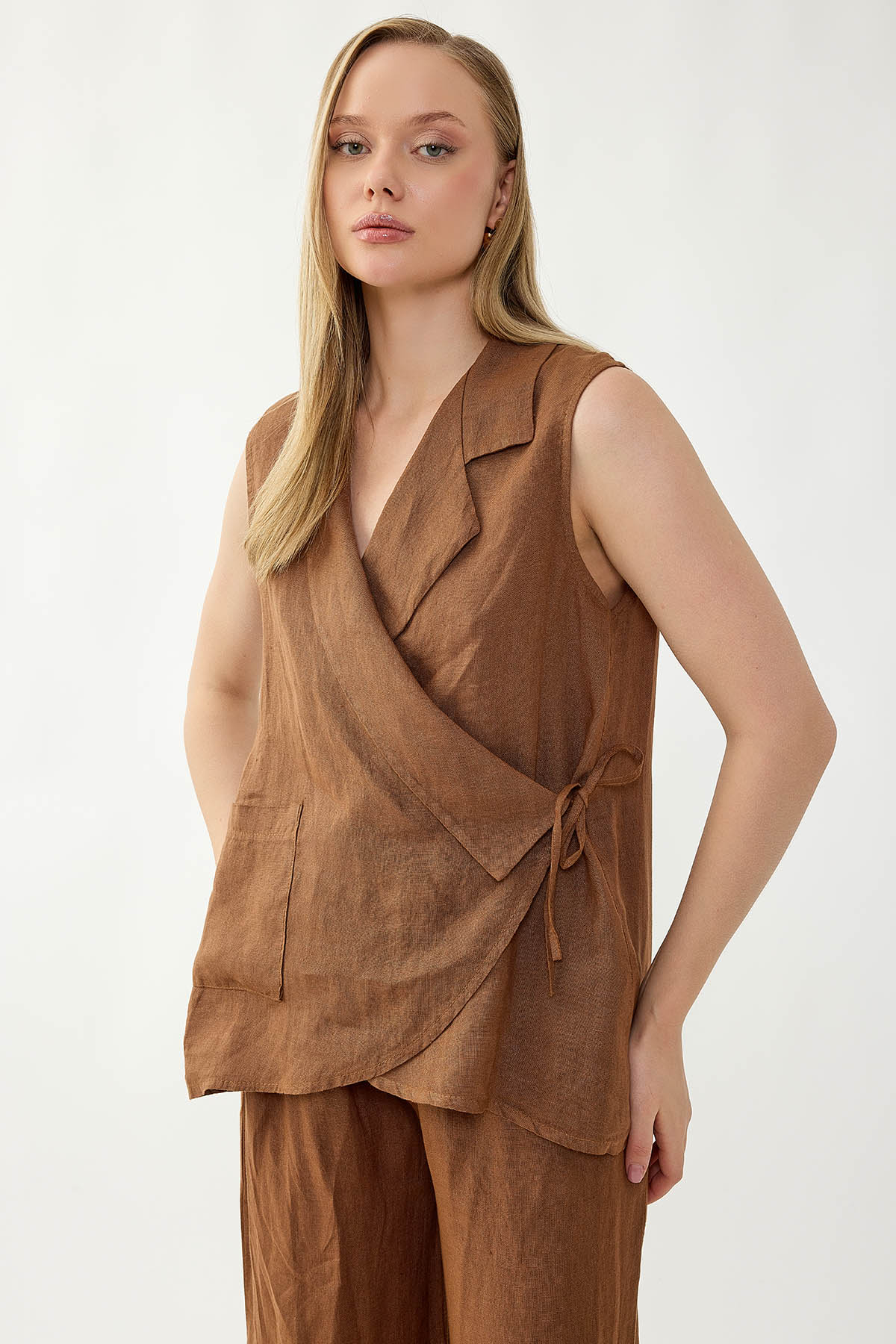 %100 Keten Kruvaze Yaka Bağlamalı Bluz - Thumbnail