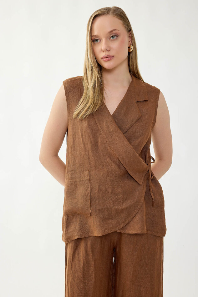 %100 Keten Kruvaze Yaka Bağlamalı Bluz - 36