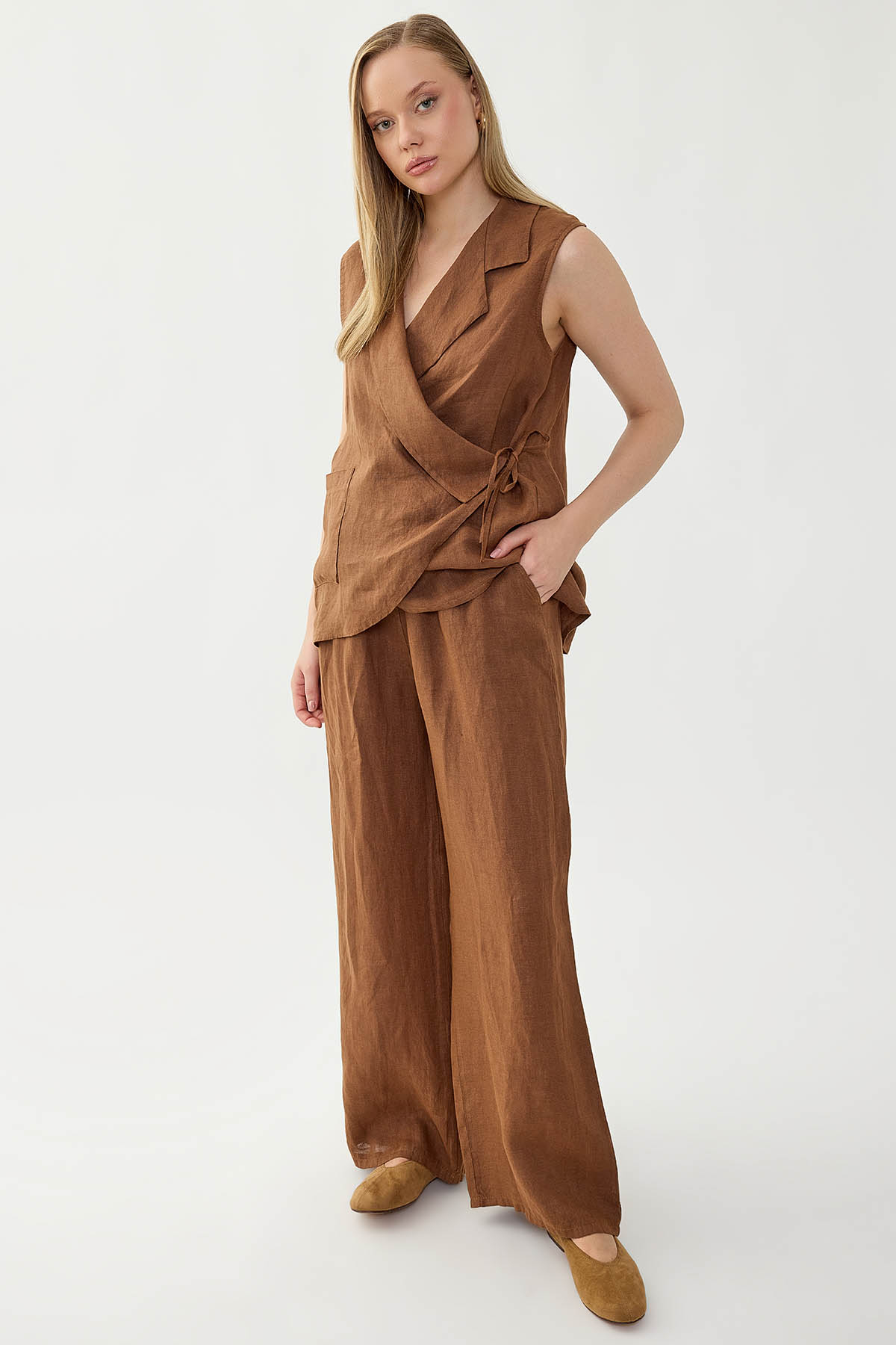 %100 Keten Kruvaze Yaka Bağlamalı Bluz - Thumbnail