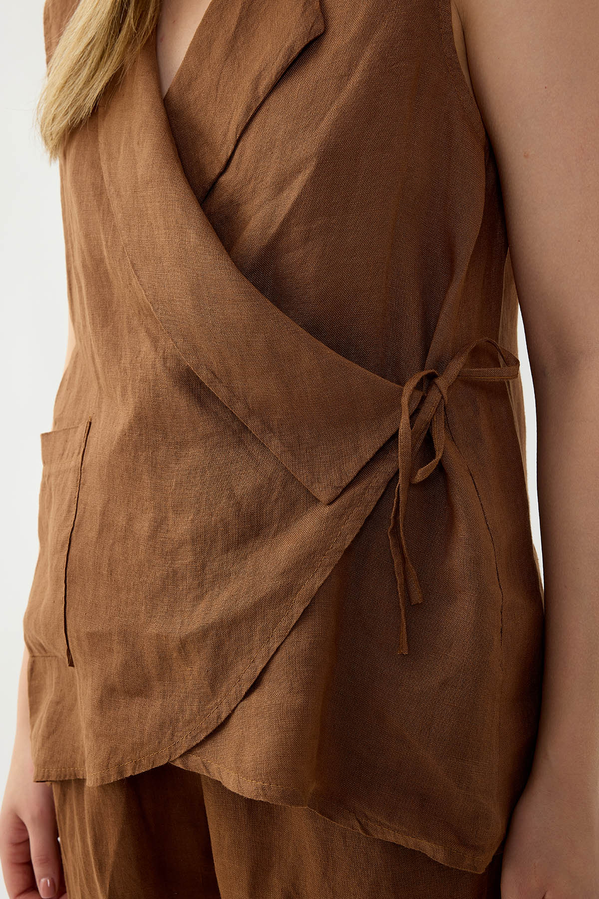 %100 Keten Kruvaze Yaka Bağlamalı Bluz - Thumbnail