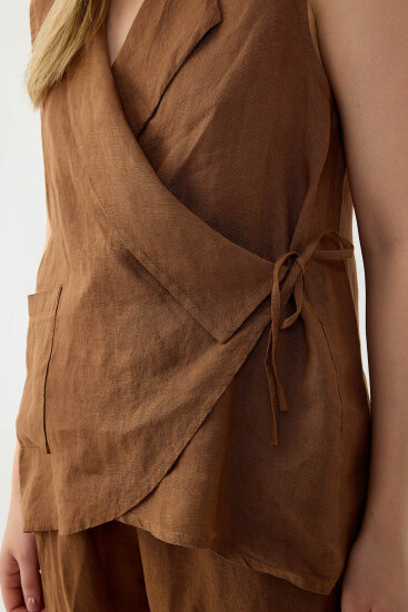 %100 Keten Kruvaze Yaka Bağlamalı Bluz - 37