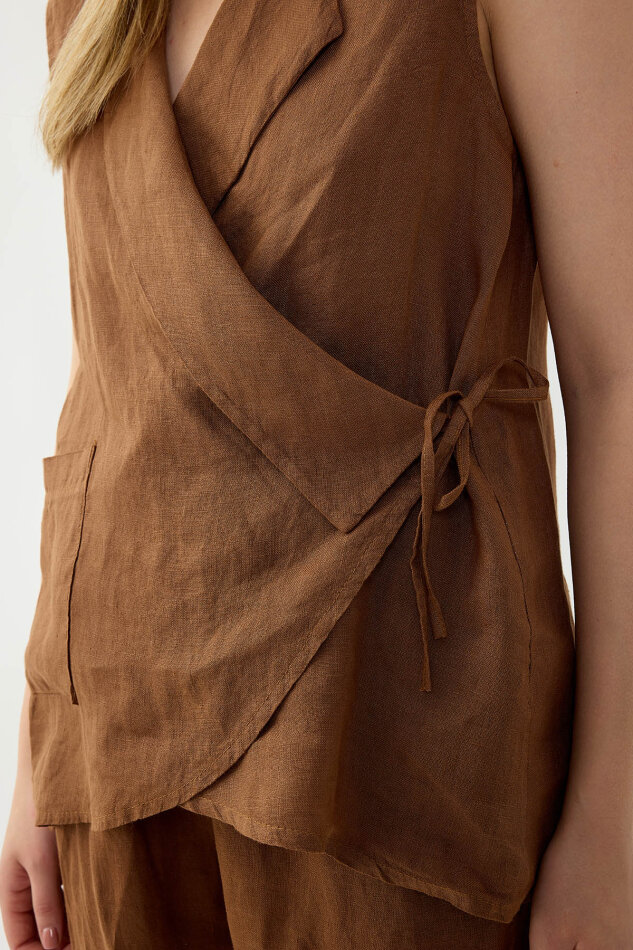 %100 Keten Kruvaze Yaka Bağlamalı Bluz - 37