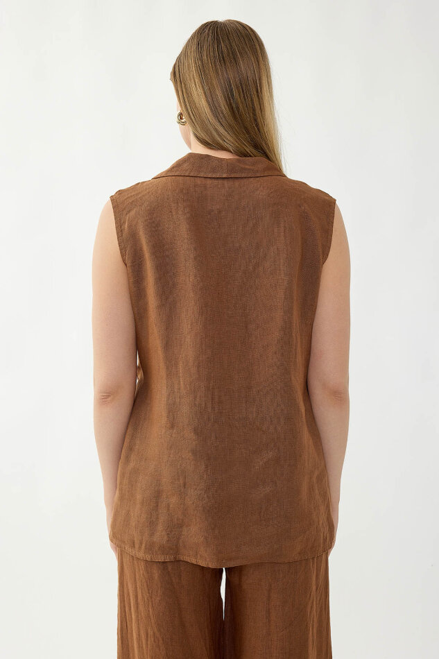 %100 Keten Kruvaze Yaka Bağlamalı Bluz - 34