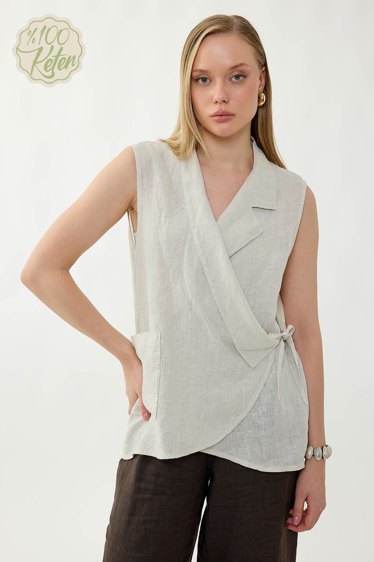 %100 Keten Kruvaze Yaka Bağlamalı Bluz - Thumbnail