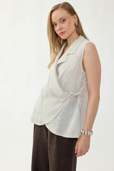 %100 Keten Kruvaze Yaka Bağlamalı Bluz - 40