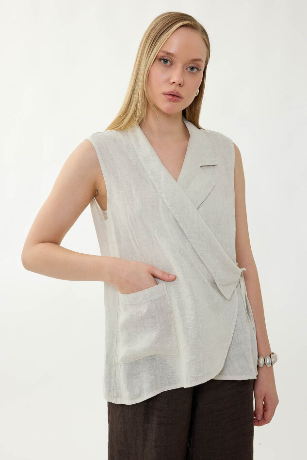 %100 Keten Kruvaze Yaka Bağlamalı Bluz - 41