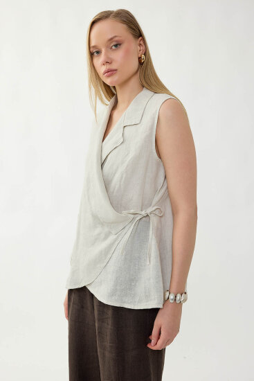 %100 Keten Kruvaze Yaka Bağlamalı Bluz - 43