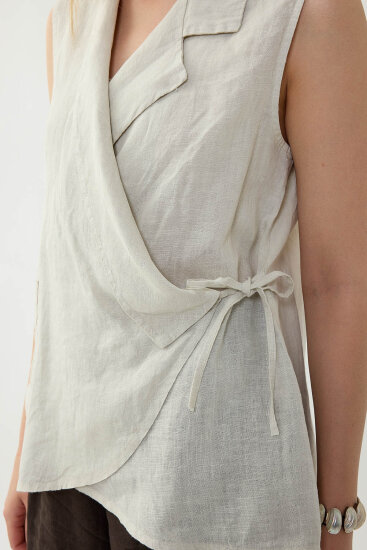 %100 Keten Kruvaze Yaka Bağlamalı Bluz - 44