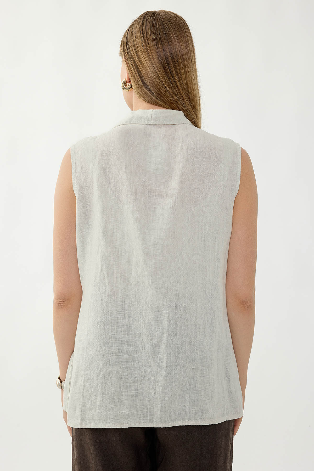 %100 Keten Kruvaze Yaka Bağlamalı Bluz - Thumbnail