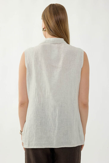 %100 Keten Kruvaze Yaka Bağlamalı Bluz - 42