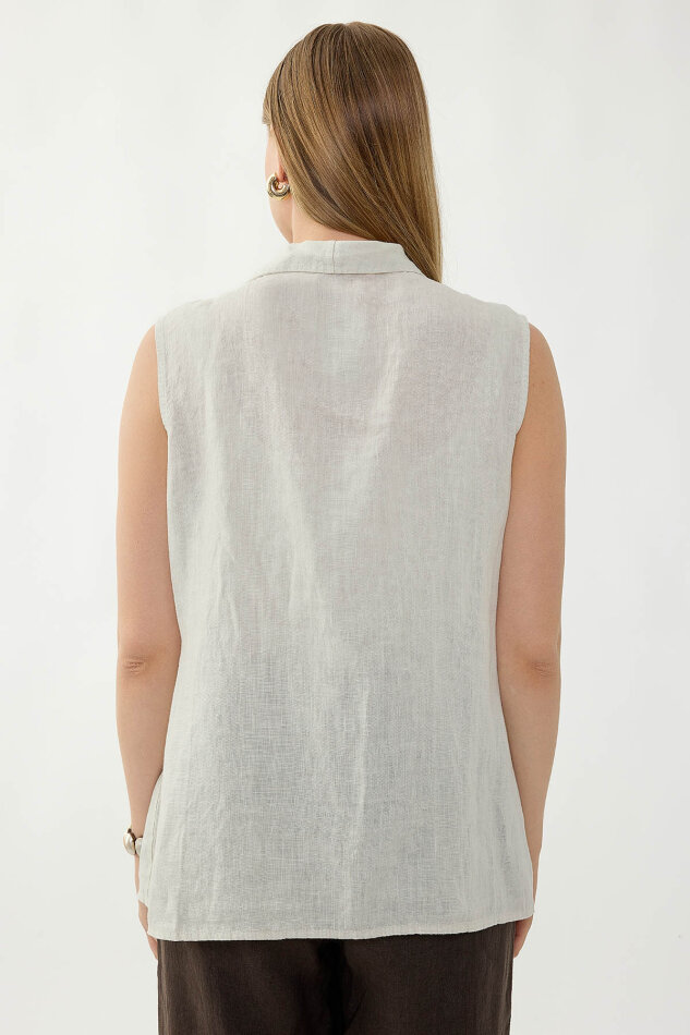 %100 Keten Kruvaze Yaka Bağlamalı Bluz - 42