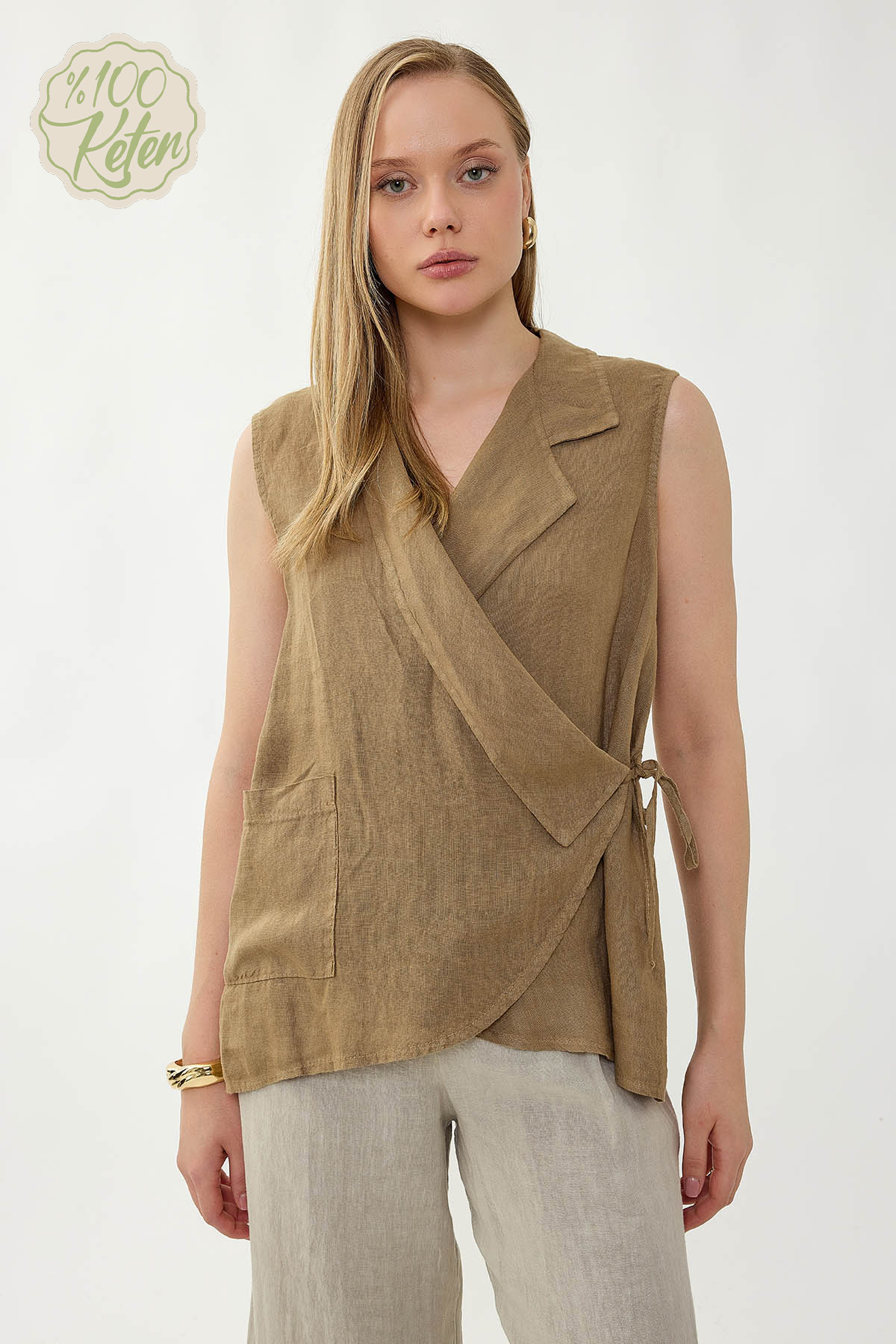 %100 Keten Kruvaze Yaka Bağlamalı Bluz - Thumbnail