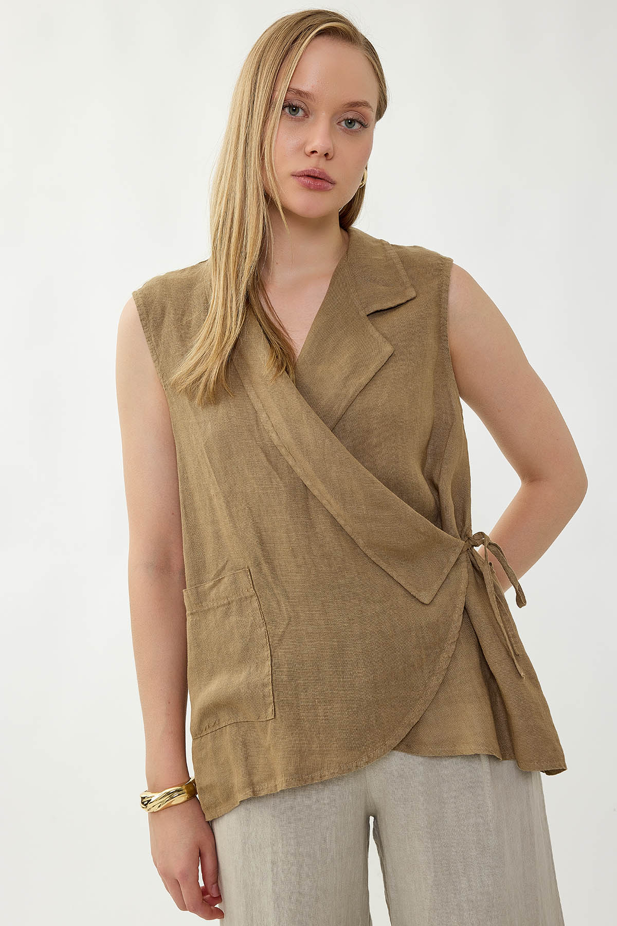 %100 Keten Kruvaze Yaka Bağlamalı Bluz - Thumbnail