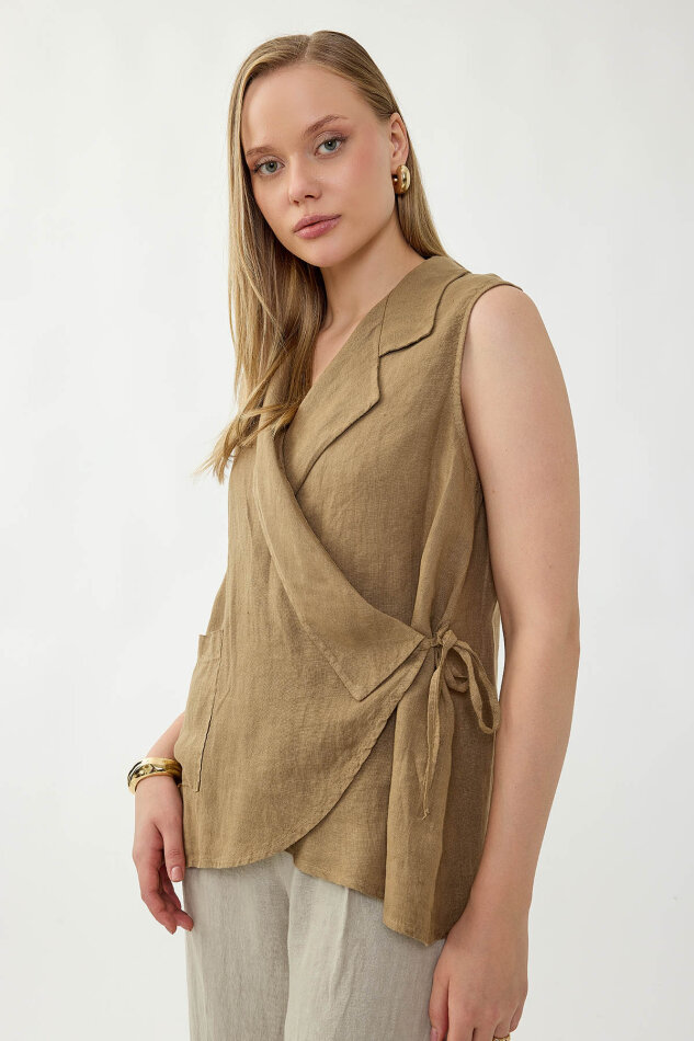 %100 Keten Kruvaze Yaka Bağlamalı Bluz - 48