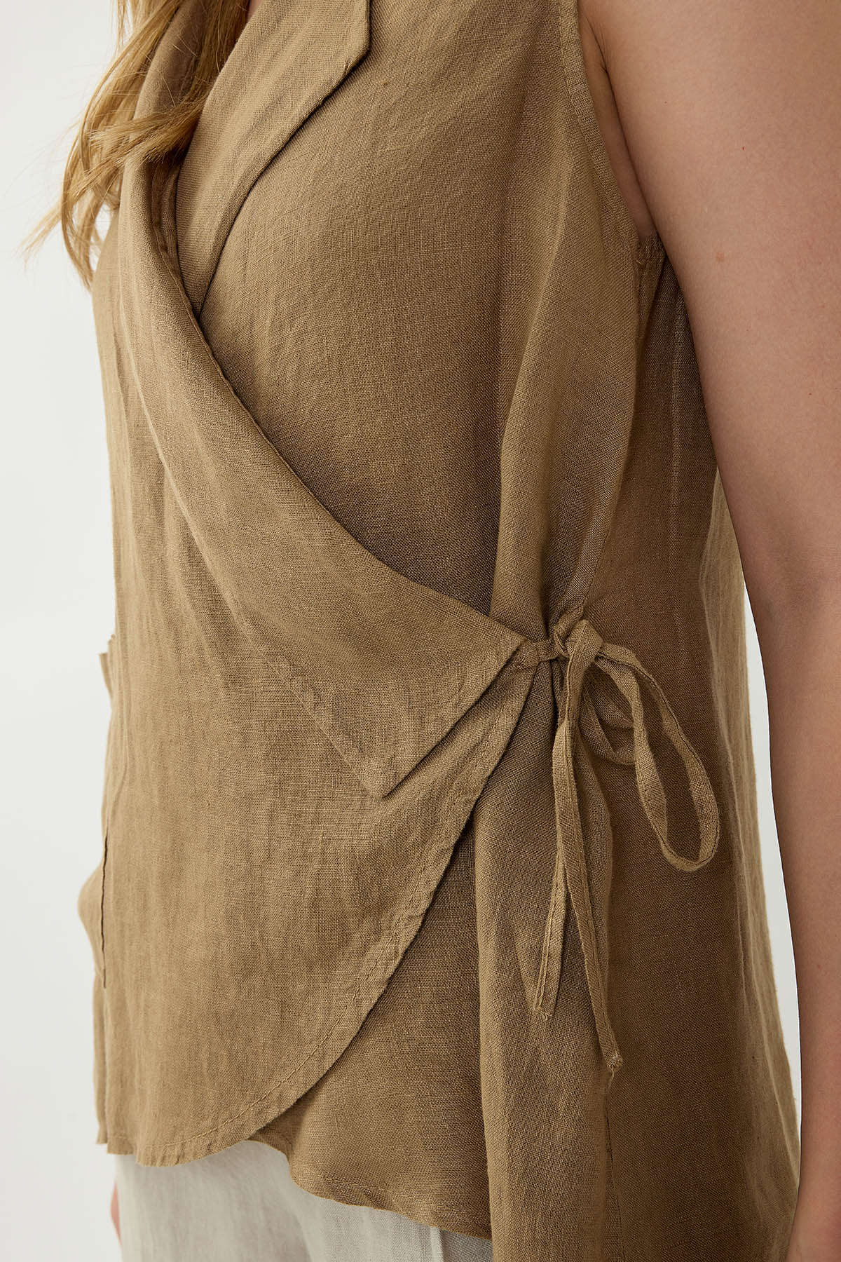%100 Keten Kruvaze Yaka Bağlamalı Bluz - Thumbnail