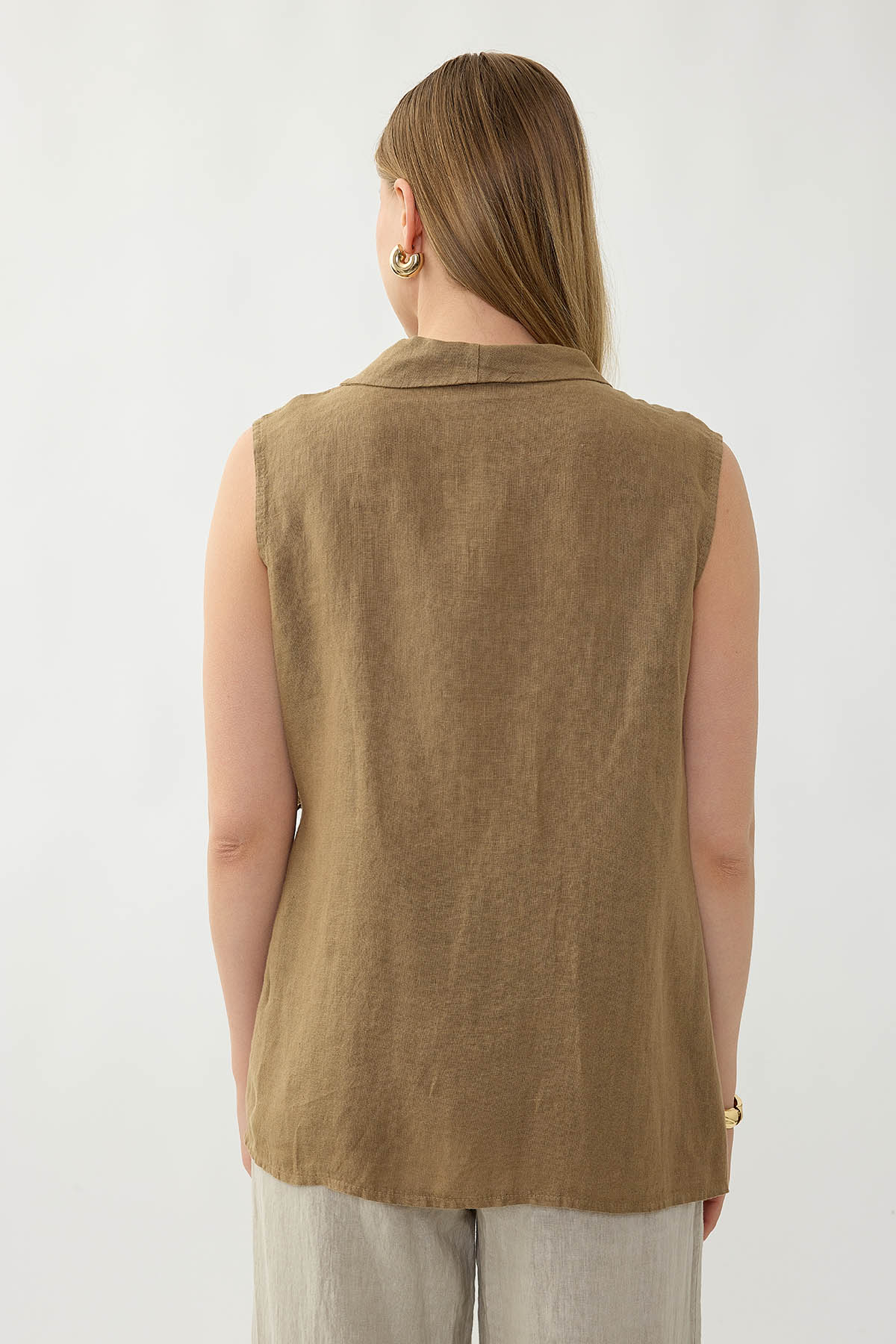 %100 Keten Kruvaze Yaka Bağlamalı Bluz - Thumbnail