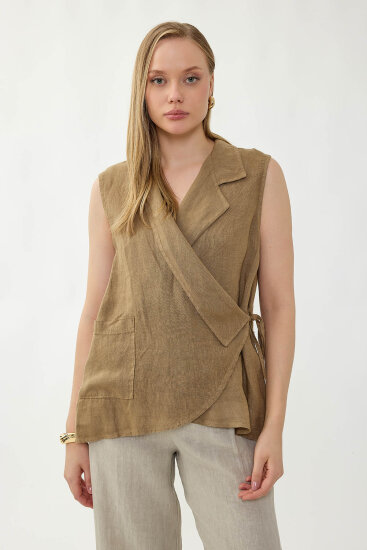 %100 Keten Kruvaze Yaka Bağlamalı Bluz - 51