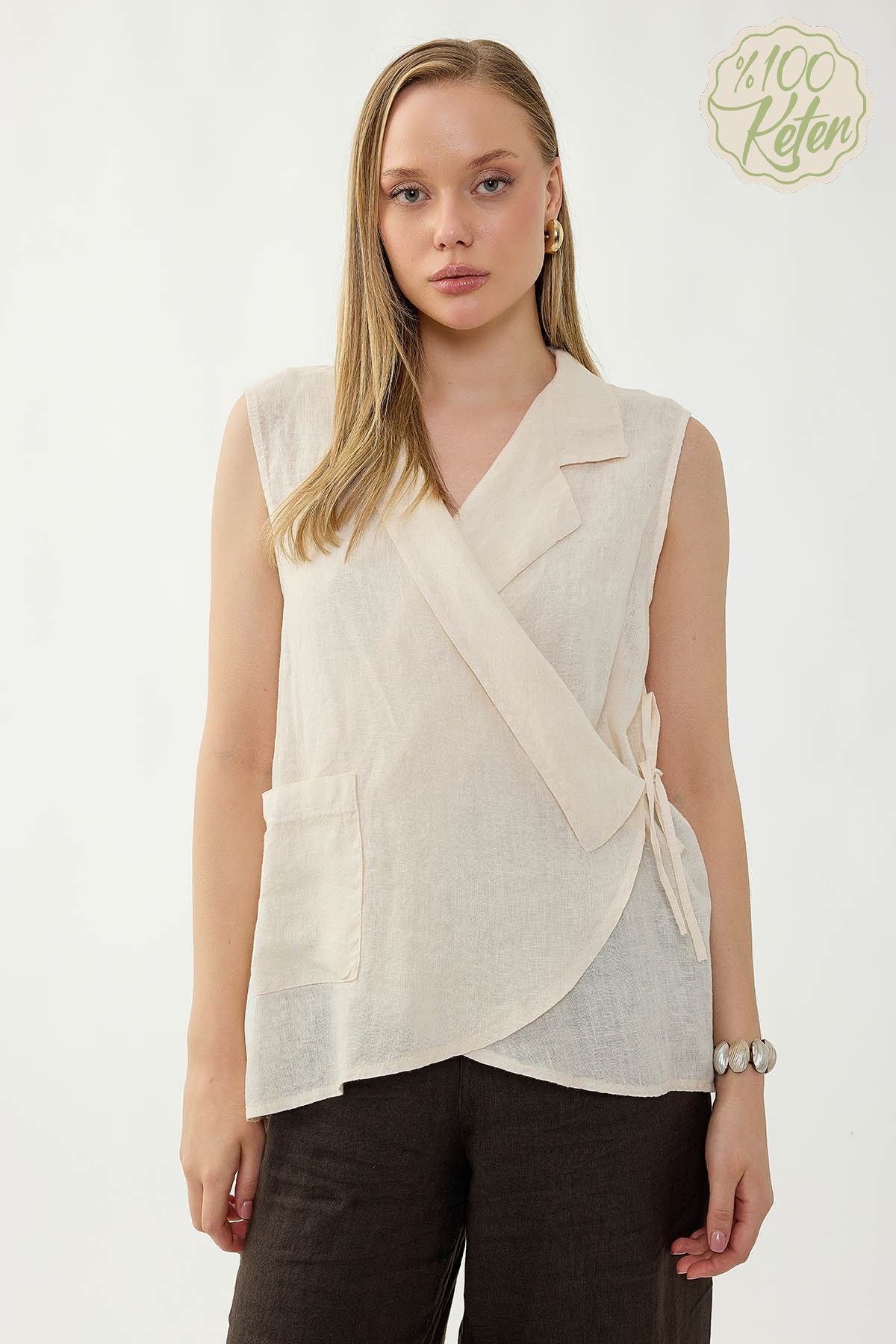 VİTRİN - %100 Keten Kruvaze Yaka Bağlamalı Bluz