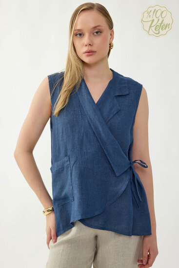 %100 Keten Kruvaze Yaka Bağlamalı Bluz - 18