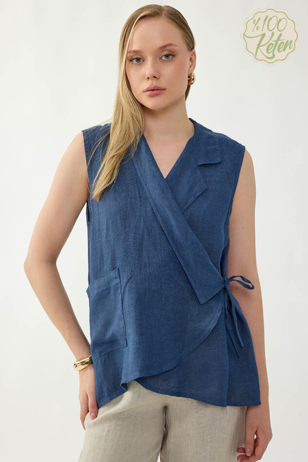 %100 Keten Kruvaze Yaka Bağlamalı Bluz - 18