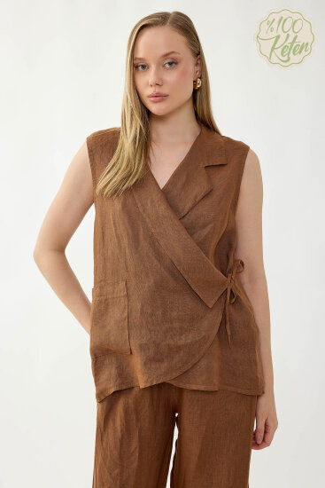 %100 Keten Kruvaze Yaka Bağlamalı Bluz - 30