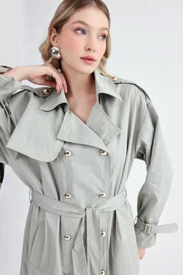 Metal Düğmeli Kemerli Trençkot - Thumbnail (5)