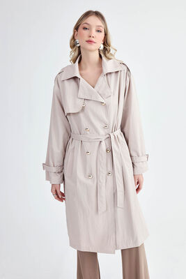 Metal Düğmeli Kemerli Trençkot - Thumbnail (8)