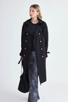 Metal Düğmeli Kemerli Trençkot - Thumbnail (16)