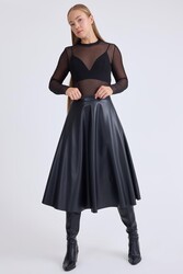 Midi Boy Deri Kloş Etek - 1