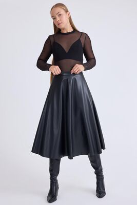 Midi Boy Deri Kloş Etek