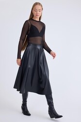 Midi Boy Deri Kloş Etek - 2