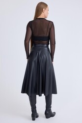 Midi Boy Deri Kloş Etek - 4