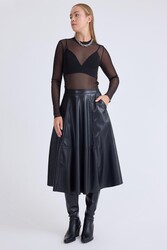 Midi Boy Parçalı Cepli Deri Etek - 1