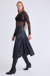 Midi Boy Parçalı Cepli Deri Etek - 3