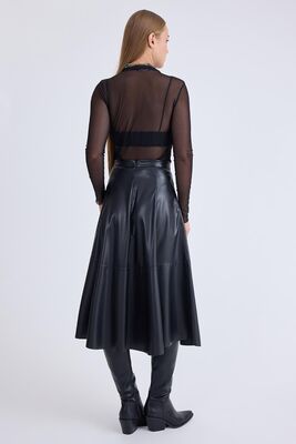 Midi Boy Parçalı Cepli Deri Etek - 5