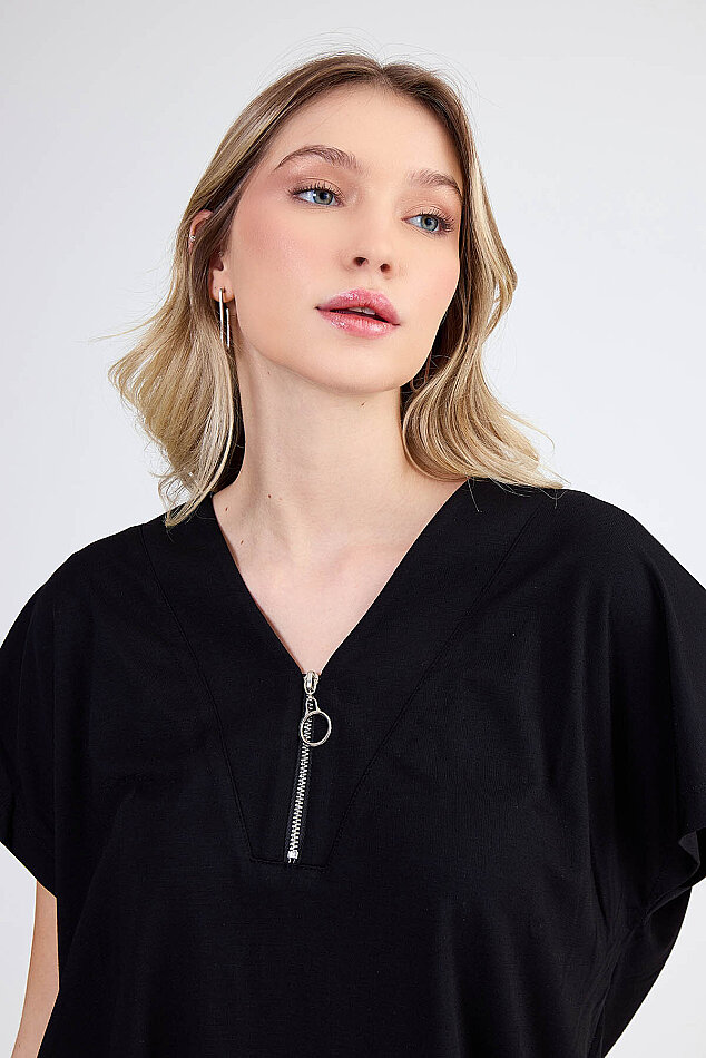 Modal Kumaş Önü Fermuarlı Kısa Kol Bluz - 23