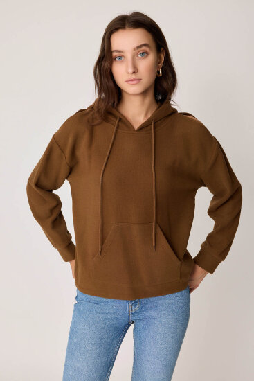 Omuz Dekolteli Kanguru Cep Kapüşonlu Sweatshirt - 3