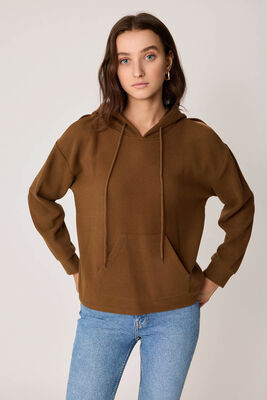 Omuz Dekolteli Kanguru Cep Kapüşonlu Sweatshirt - Thumbnail (2)