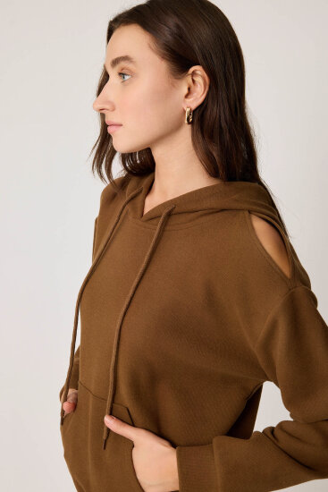 Omuz Dekolteli Kanguru Cep Kapüşonlu Sweatshirt - 2