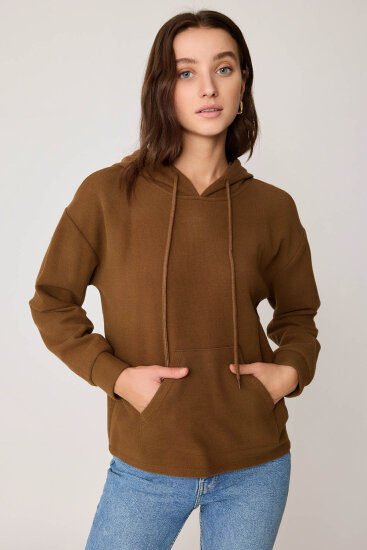 Omuz Dekolteli Kanguru Cep Kapüşonlu Sweatshirt - 4