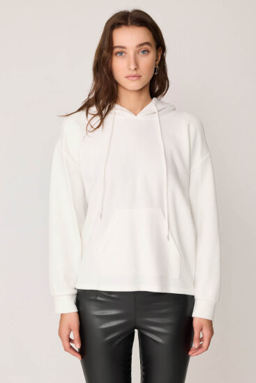 Omuz Dekolteli Kanguru Cep Kapüşonlu Sweatshirt Kemik