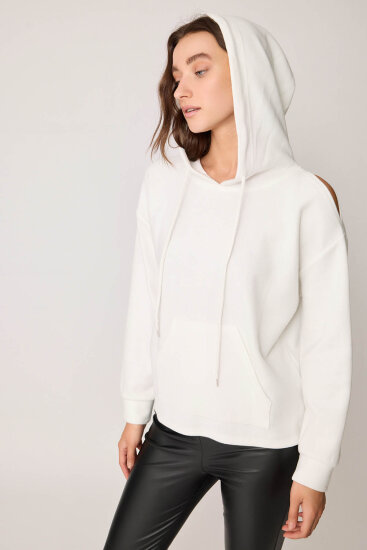 Omuz Dekolteli Kanguru Cep Kapüşonlu Sweatshirt - 9